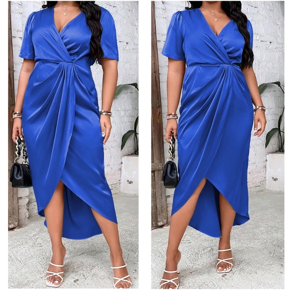 BellanBlue Dresses & Skirts - Luxe Satin Surplice Short Sleeve Evening Party Dress